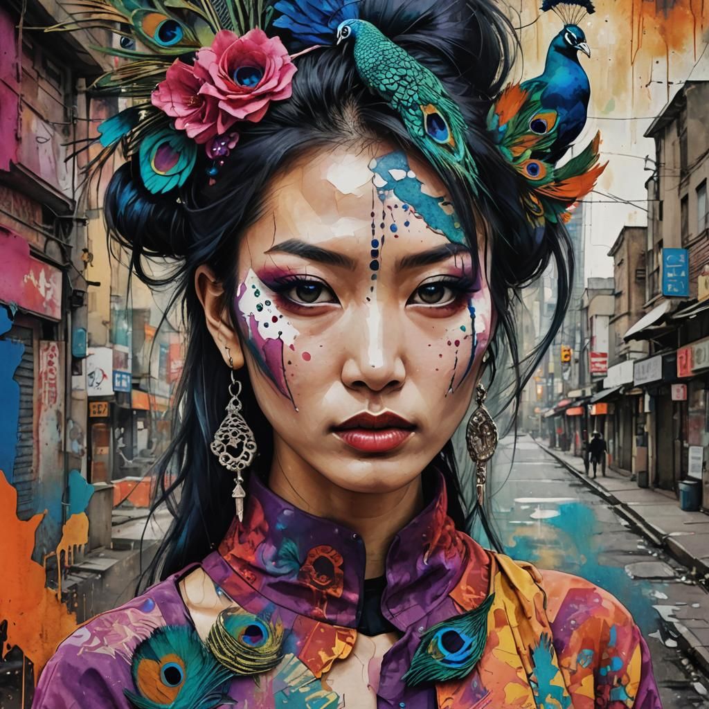 Surreal Mixed Media Portrait of Asian Model in Peacock Fashi...