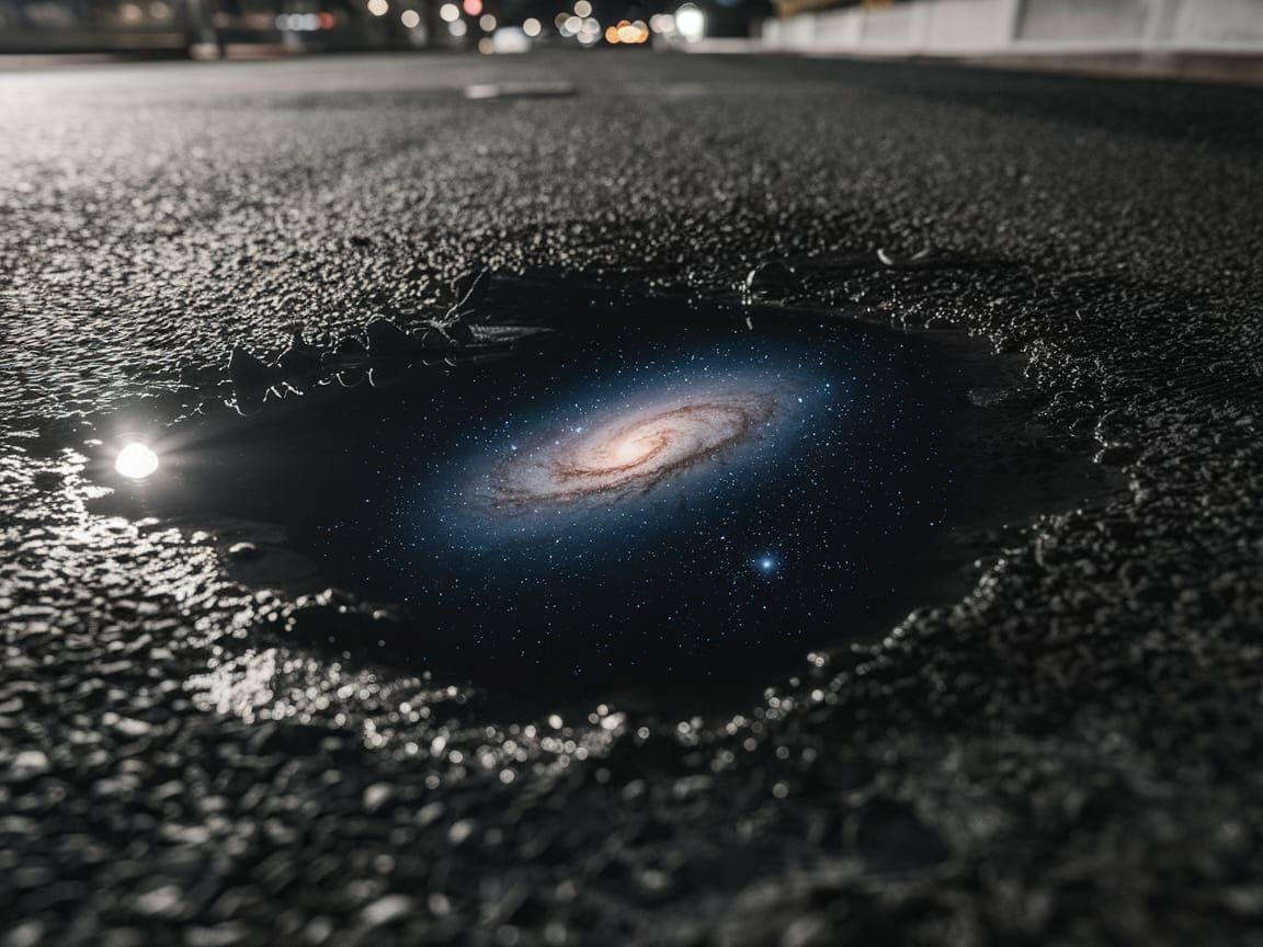 Sombrero Galaxy Reflected in Asphalt Pothole