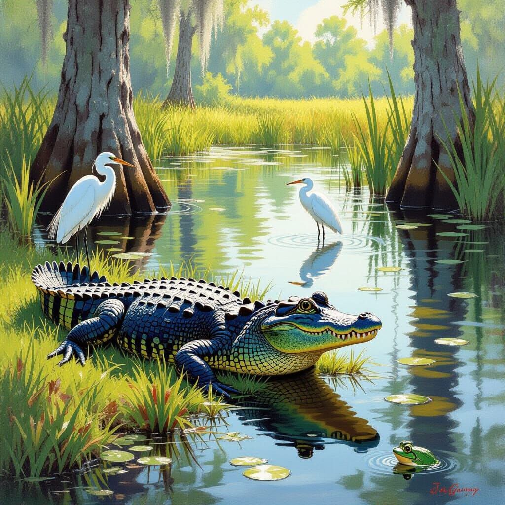 Alligator Sunbathing near Cypress Pond in Oil Paint