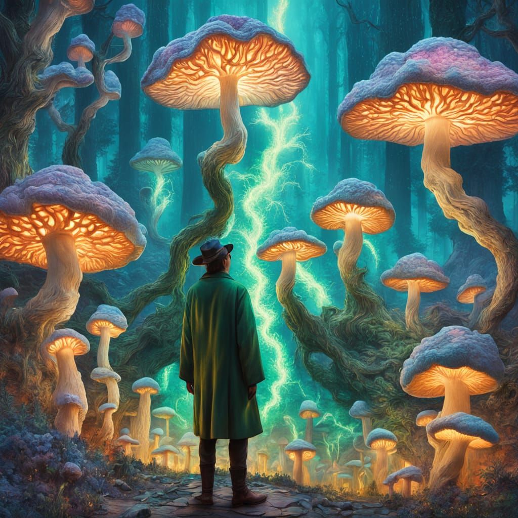 Jade Figure in Surreal Mushroom Landscape