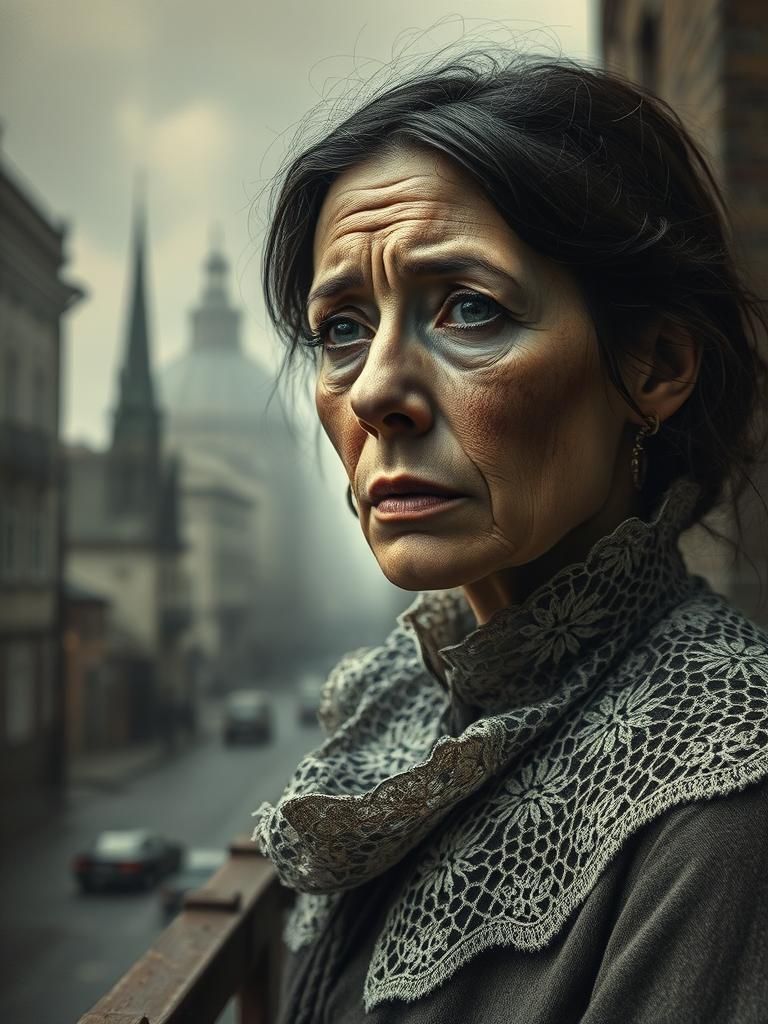 Melancholic Woman in Monochromatic Cityscape