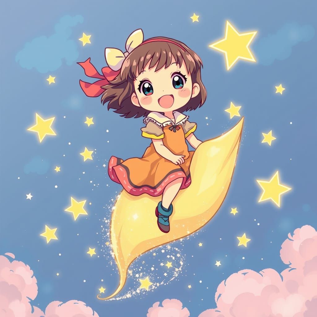 Joyful Girl Riding a Comet in Anime Style