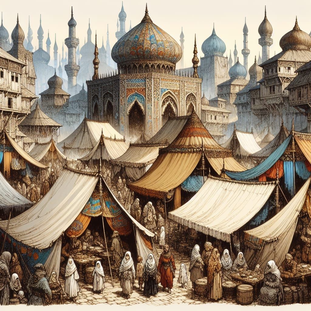 Nomadic Tent City in Ink and Watercolor