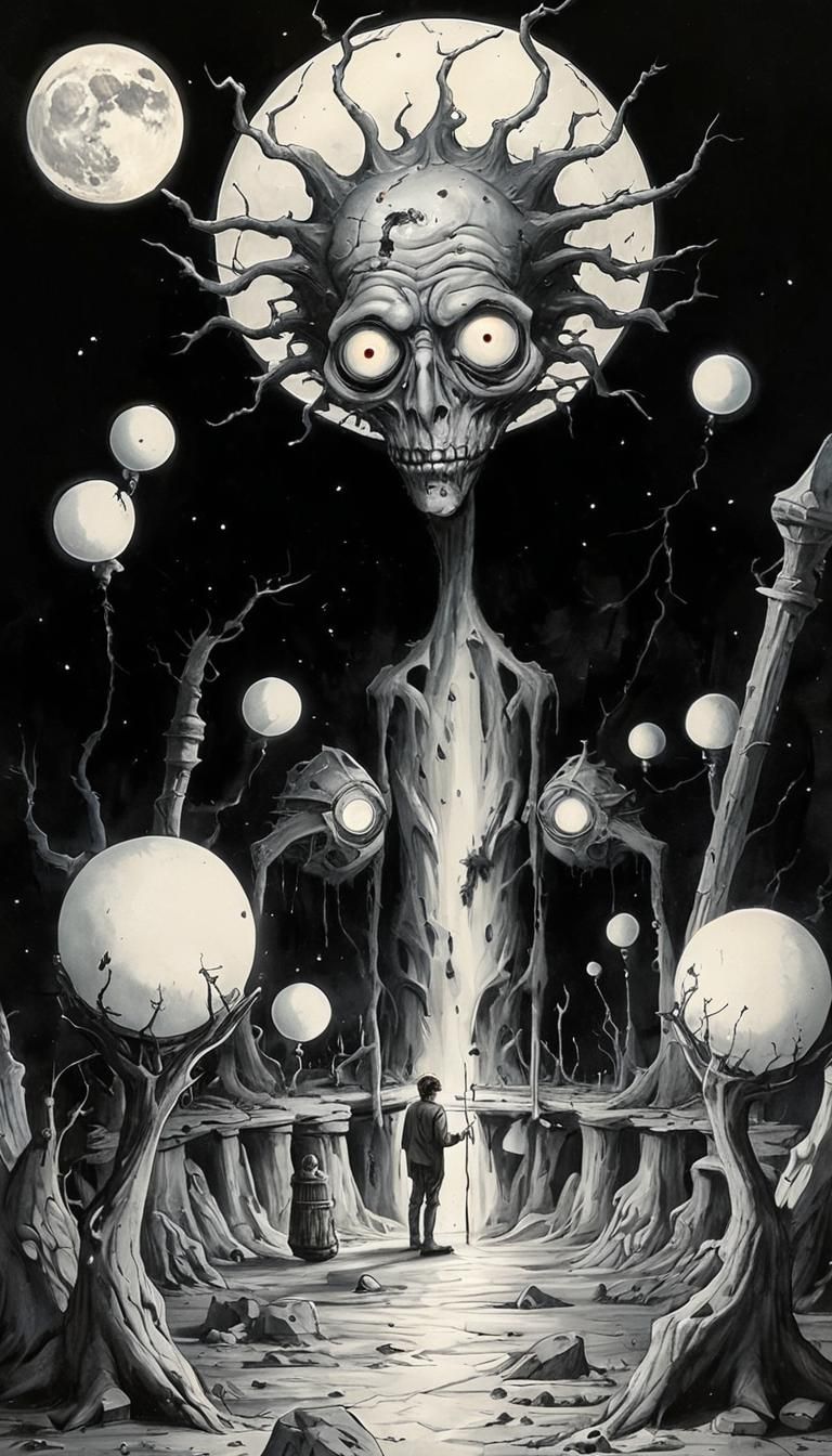 Surreal Midnight Vision: Distorted Faces Glow in Dark Abyss