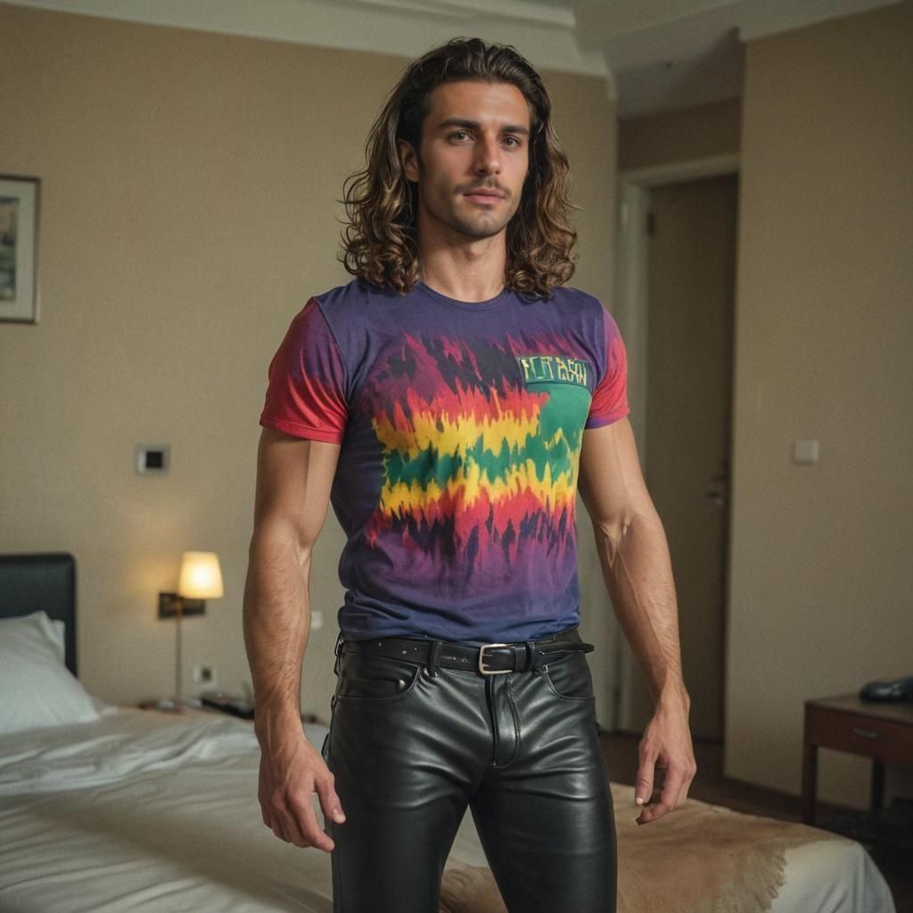 Handsome Italian Man in Hotel Room, Cinematic Still