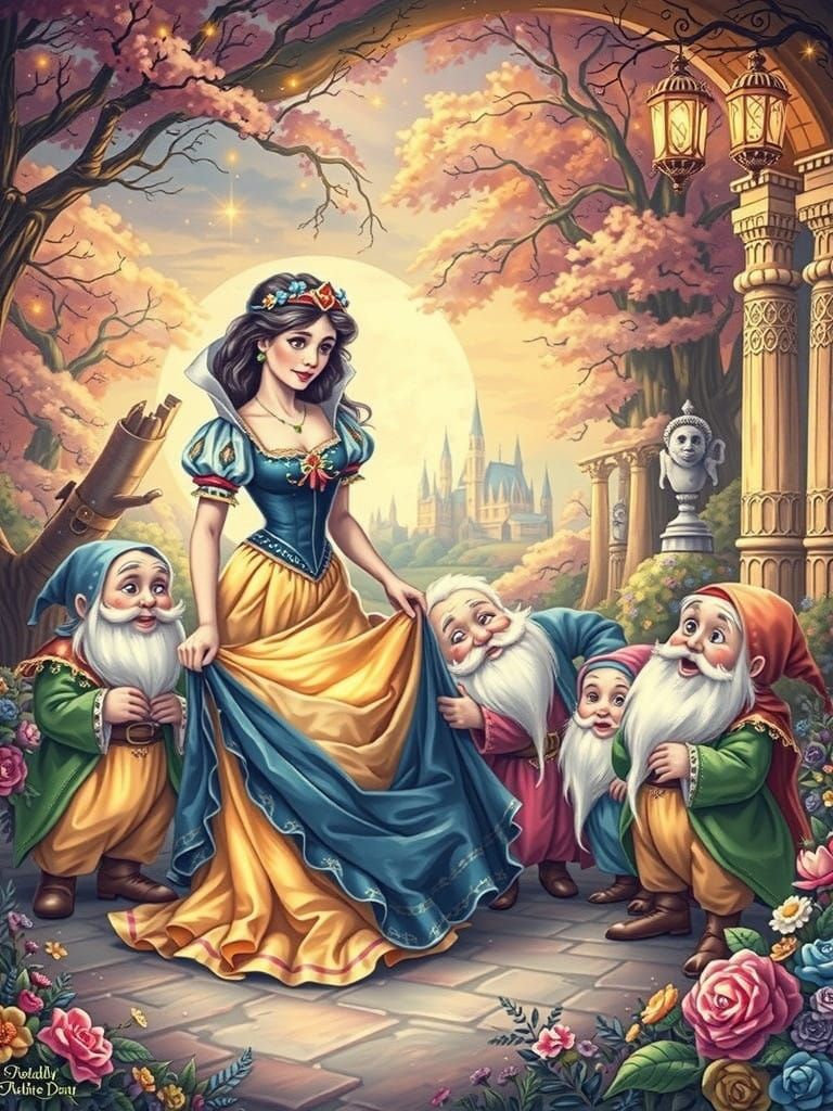 Fairy Tale Princess in Whimsical Forest with Seven Mischievo...