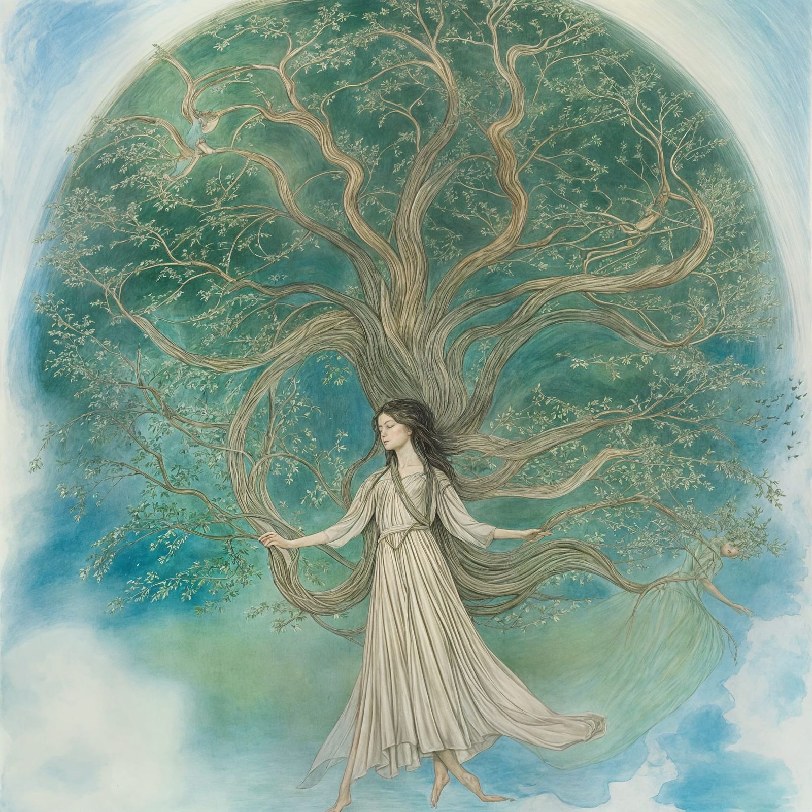 Green Lady Willow Rising: William Blake Style Portrait