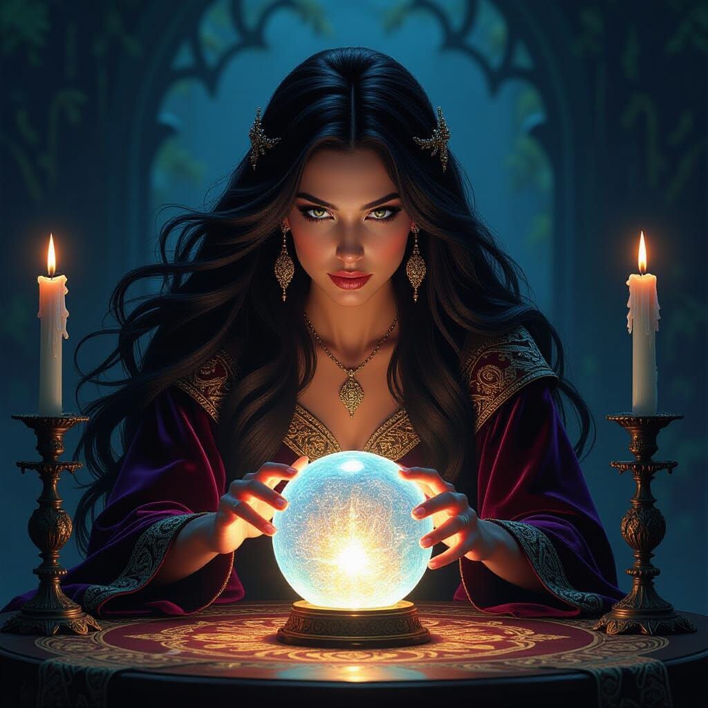 Mystical Lady Gazing into Crystal Ball, Fantasy Art