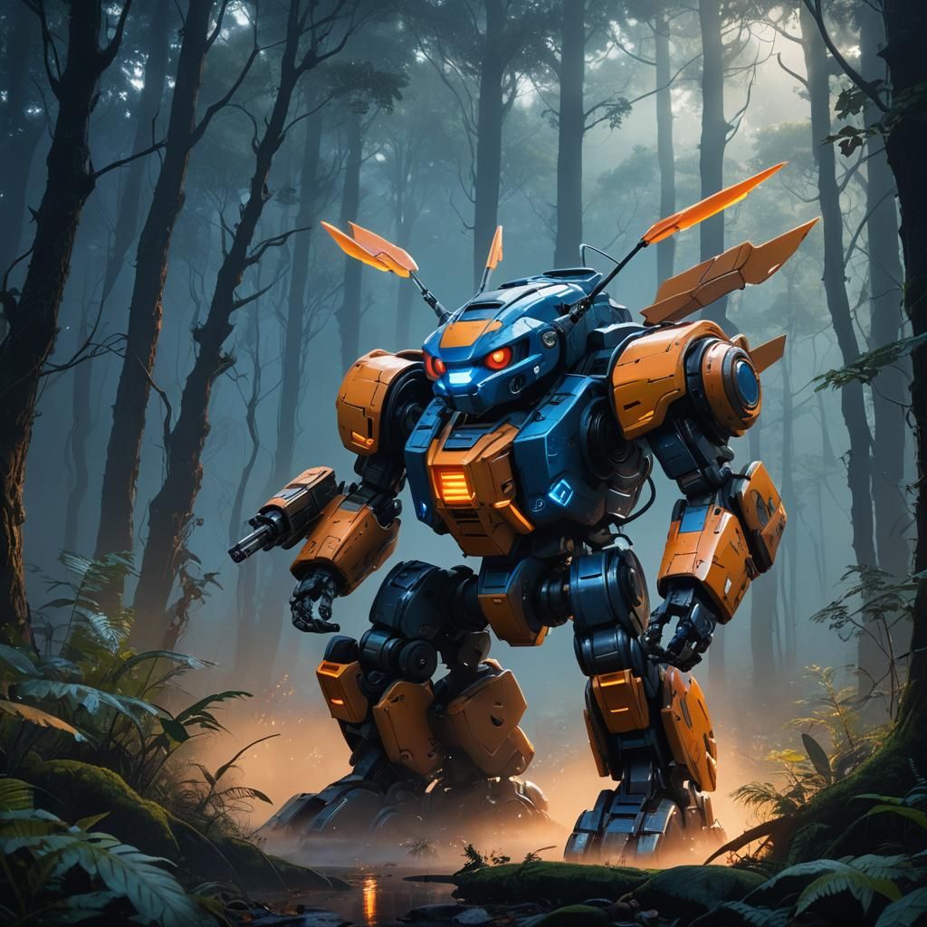 Mecha Dedenne in Misty Forest: Hyper-Realistic Concept Art