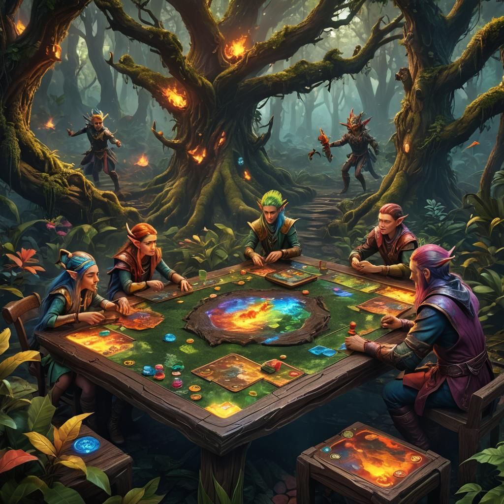 Elves Play Rainforest Board Game in Rainbow Fire