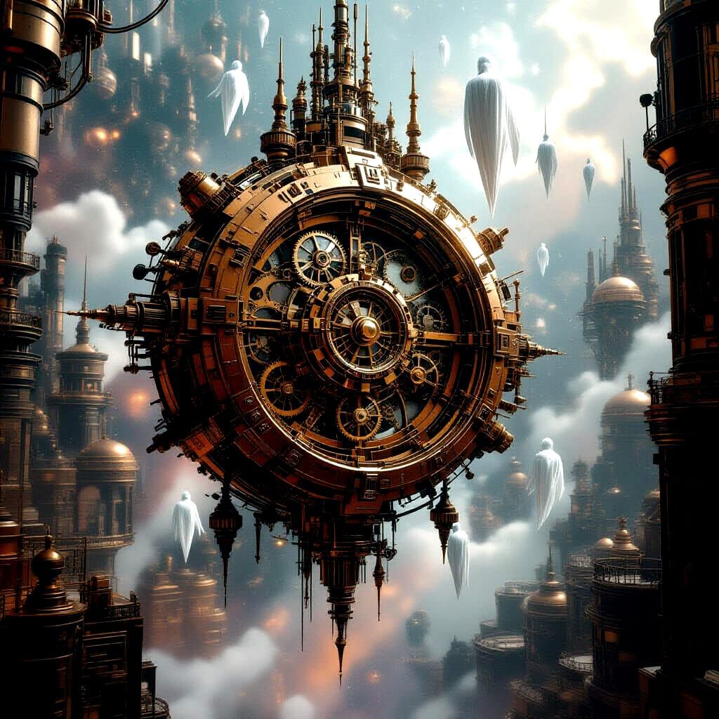 Surreal Clockwork City Floating in Nebula