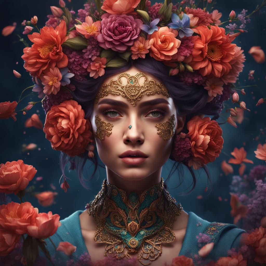 Woman with Flowers and Detailed Makeup