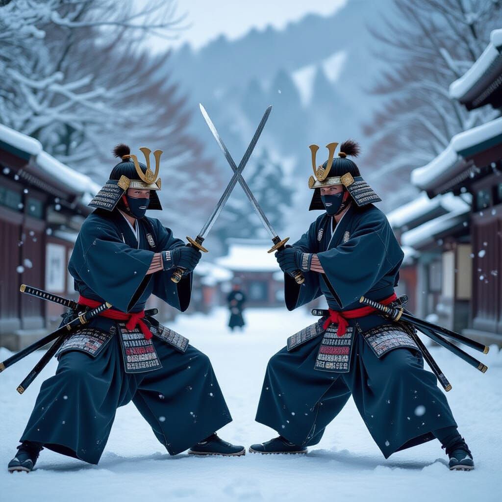 Samurai Warriors Duel with Nodachi Swords in Snowy Japan