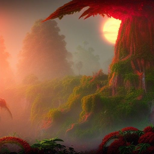 Lush Jungle World Tree with Tiny People, Matte Painting