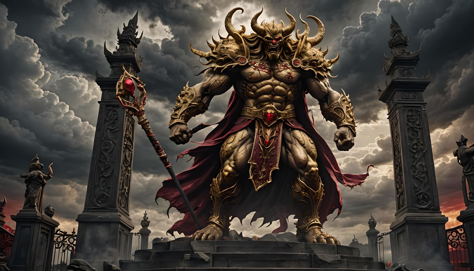 Golden Demon Guarding Gates of Damnation: Hyperrealistic