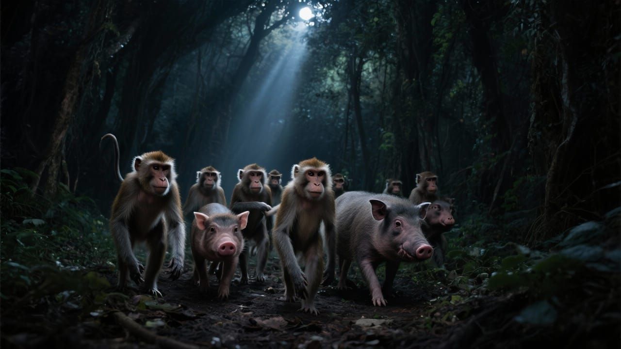 Monkeys And Pigs In Dark Forest With Moonlight