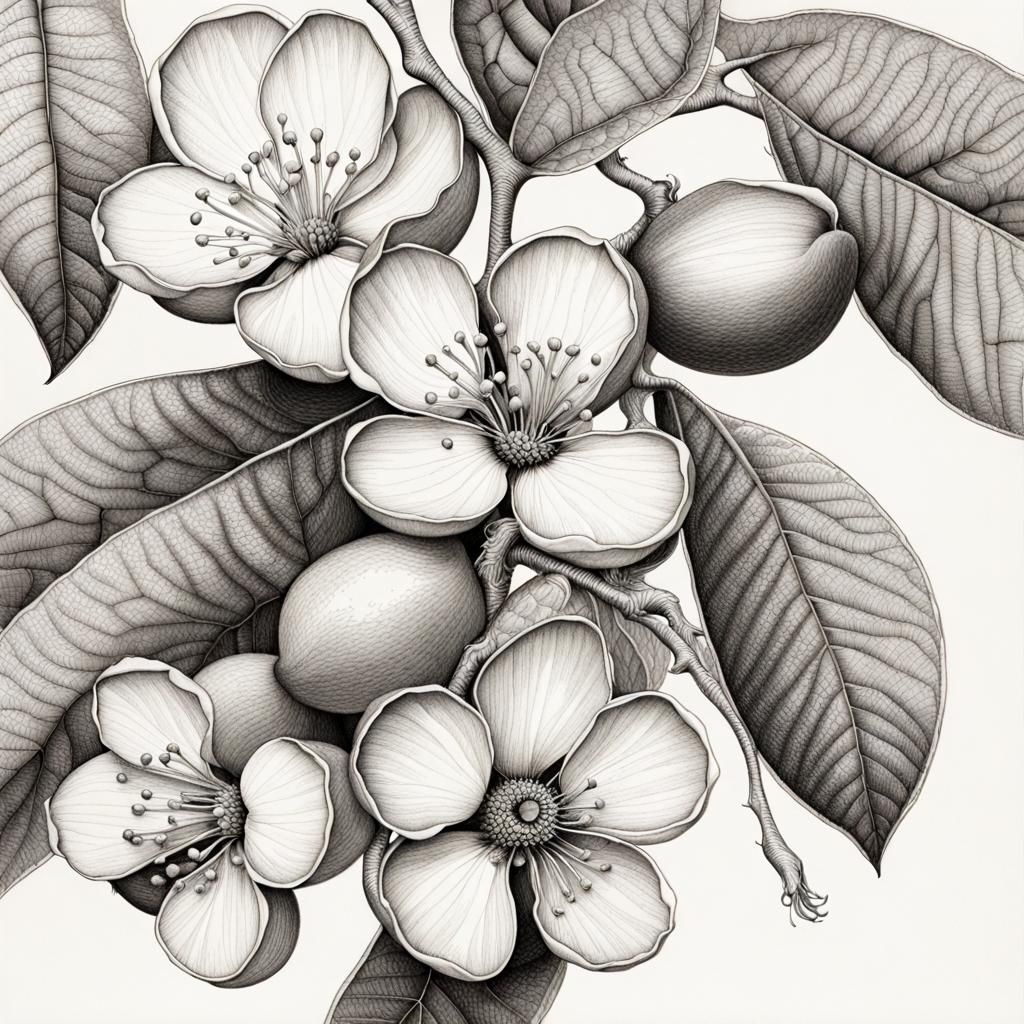 Almond Tree Botanical Pen and Ink Drawing