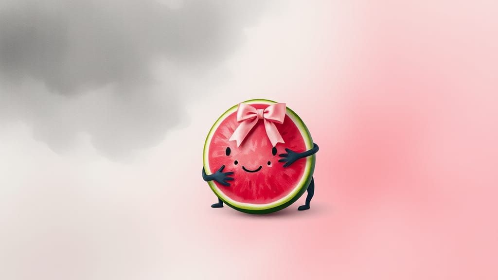 Shadow Hugs Watermelon in Watercolor Dreamscape