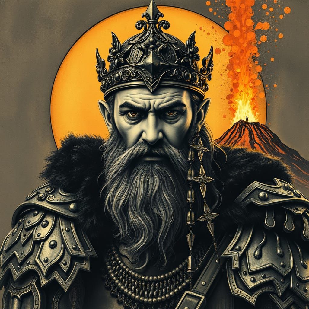 Surreal Dwarven King in Charcoal Art Nouveau Style