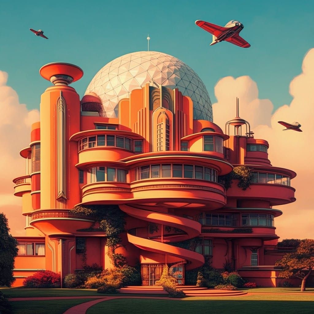 Futuristic Art Deco House with Flying Vehicles