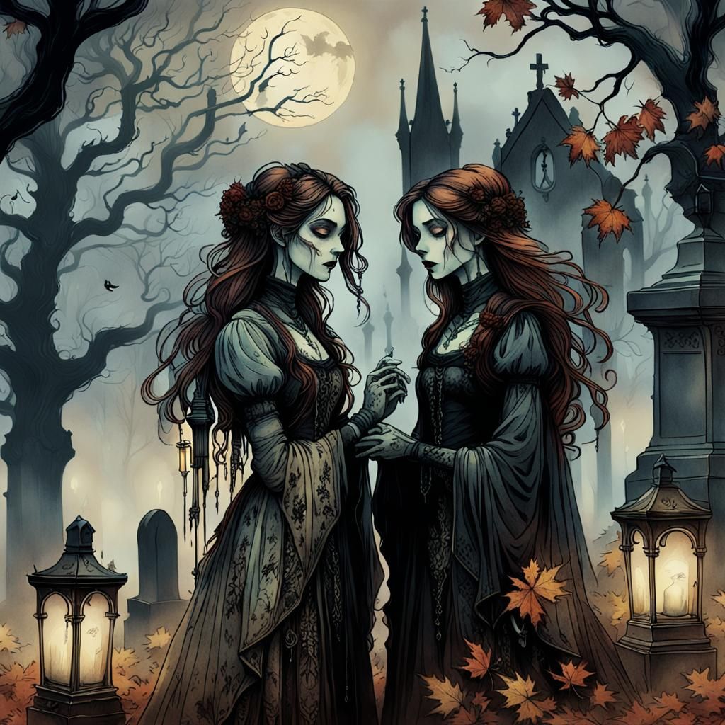 Gothic Cemetery Chat: Arthur Rackham-Inspired Illustration