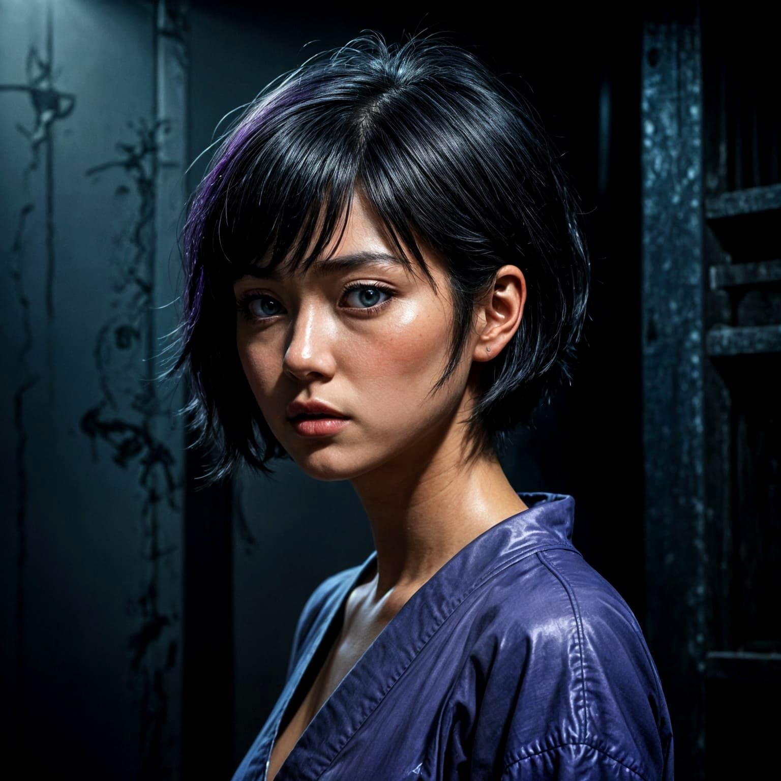 Mysterious Japanese Retro Anime Portrait in Deep Dark Light