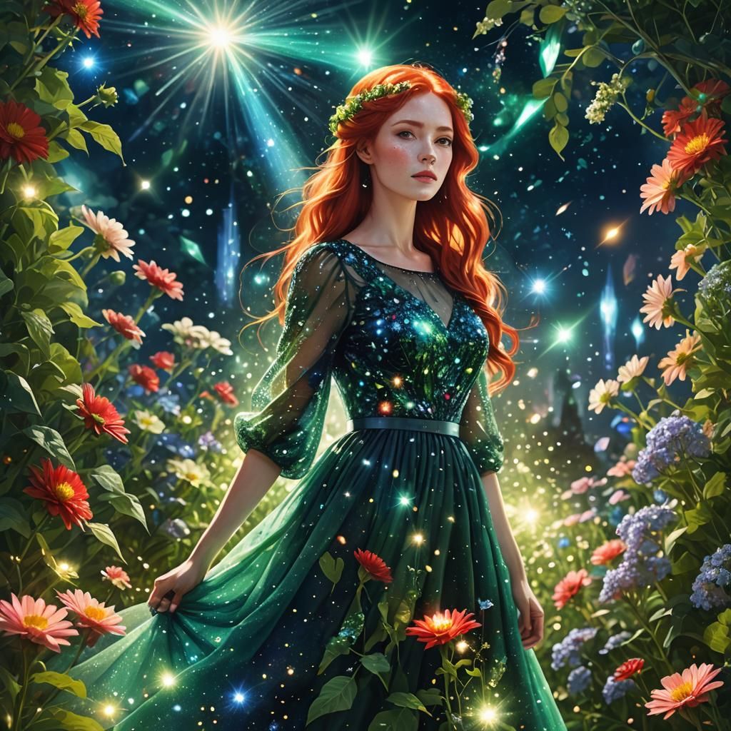 Red-Haired Woman in Dream Garden, Digital Illustration