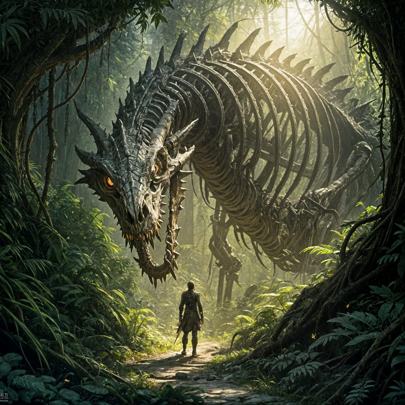 Dragon Skeleton Dominates Jungle Warrior, Fantasy Art