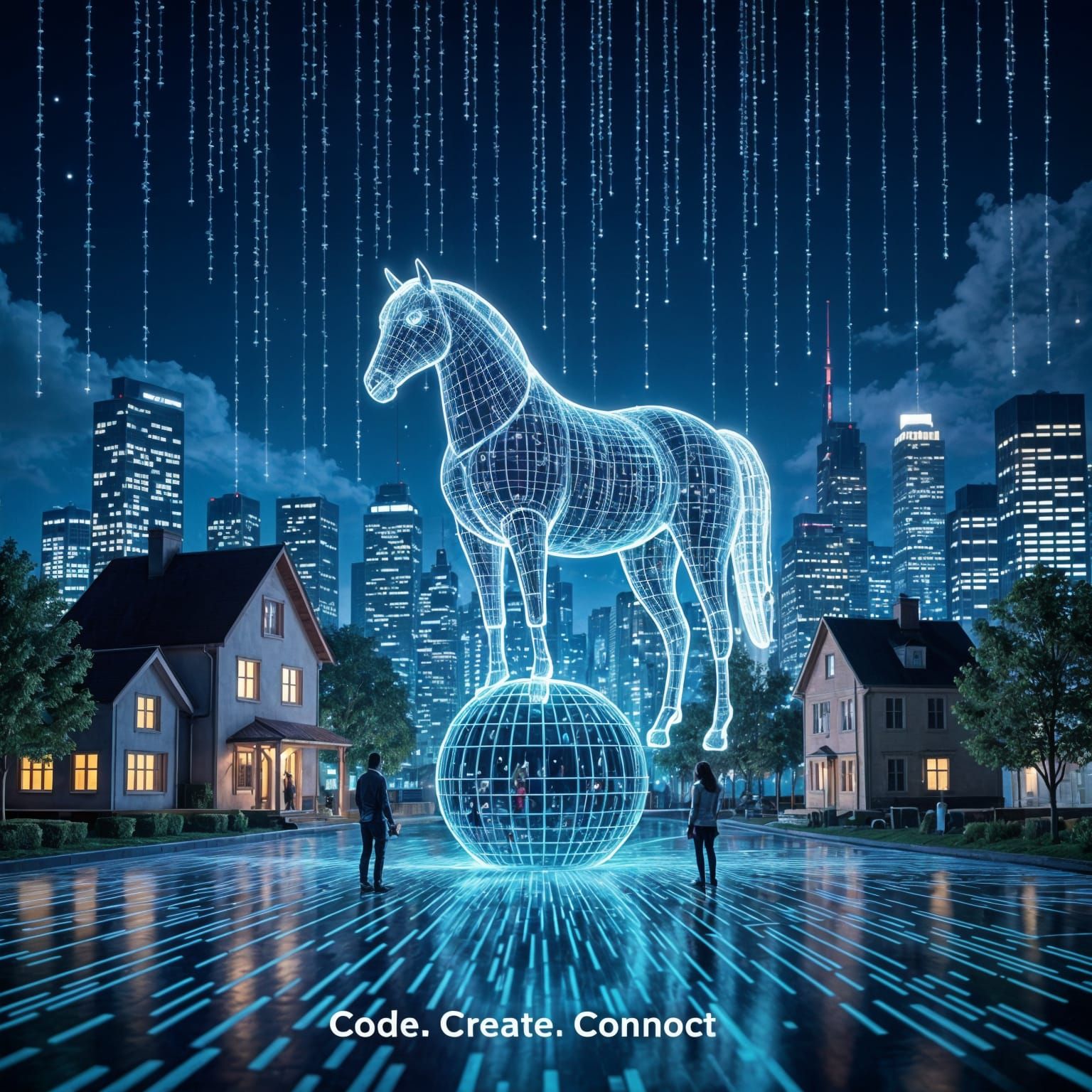 Hyperrealistic World of Code: Horse and Cityscape
