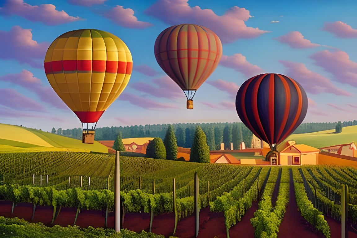 Hot Air Balloons Over Vineyard, Digital Art
