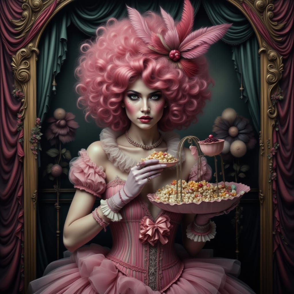 Whimsical Candy Girl Portrait in Vintage Circus Style