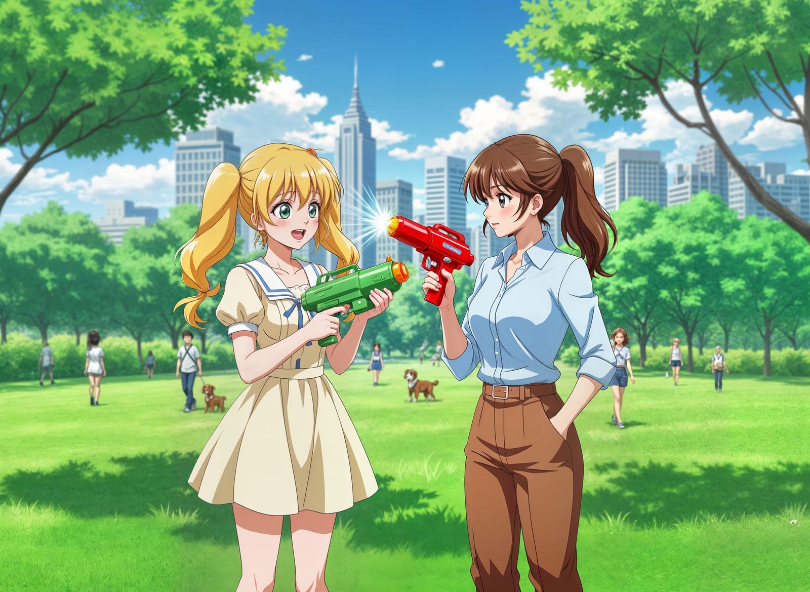 Shoujo Anime Style Water Gun Fight in Park