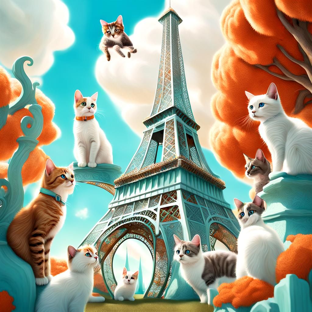 Whimsical Cats Climb Miniature Eiffel Tower