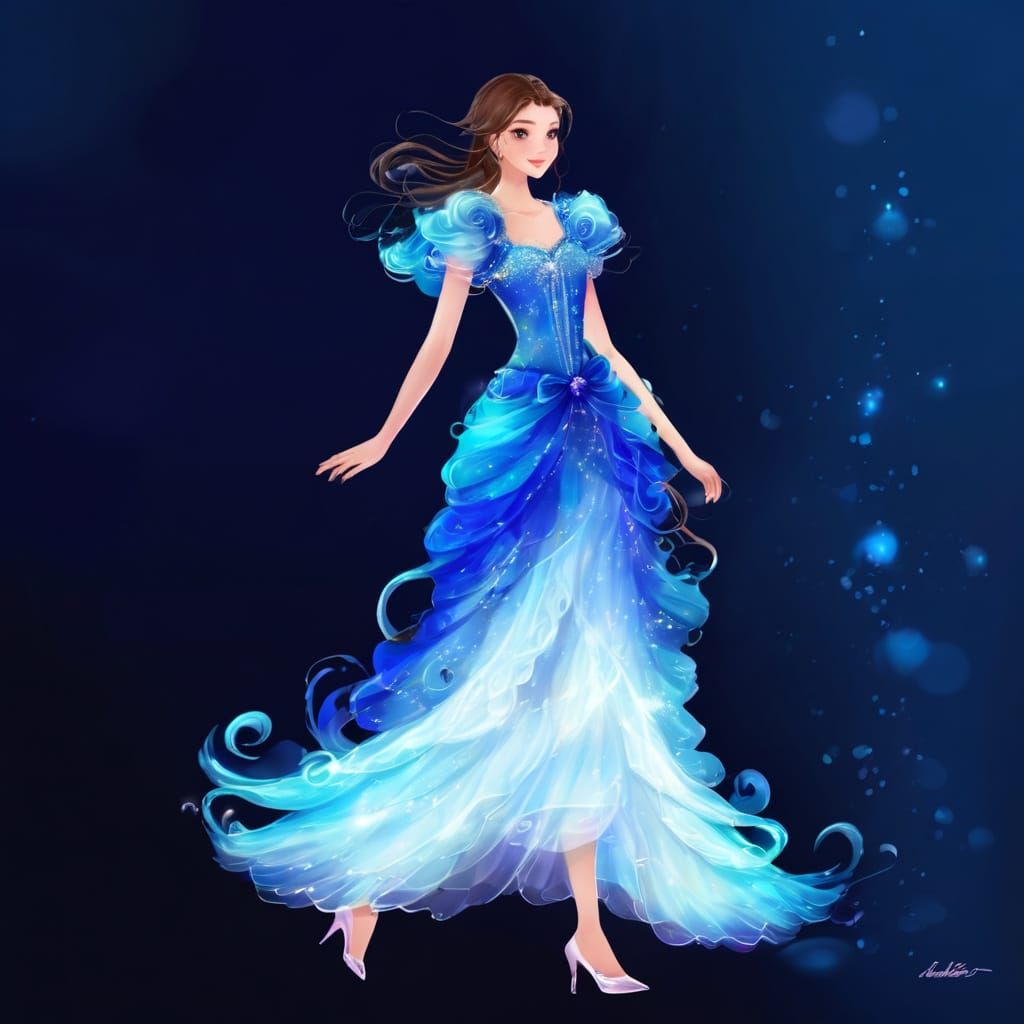 Flowing Silky Dress with Luminous Layers in Digital Style