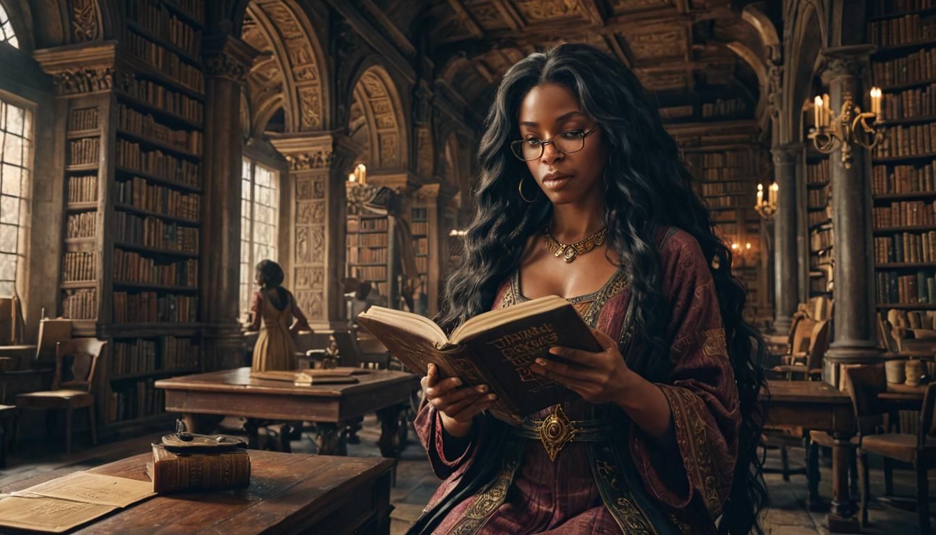 Black Woman Reading in Ancient Library: Matte Painting