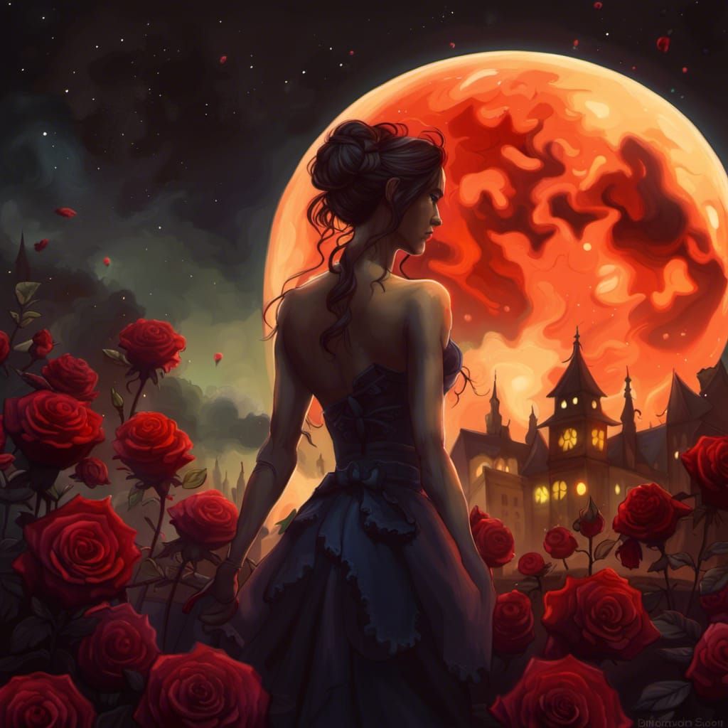 Blood Moon Over Rose Garden: Surreal Digital Art
