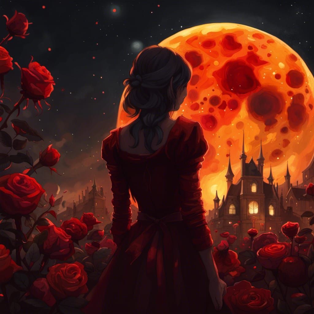 Creepy Rose Garden Under Blood Moon, Digital Illustration