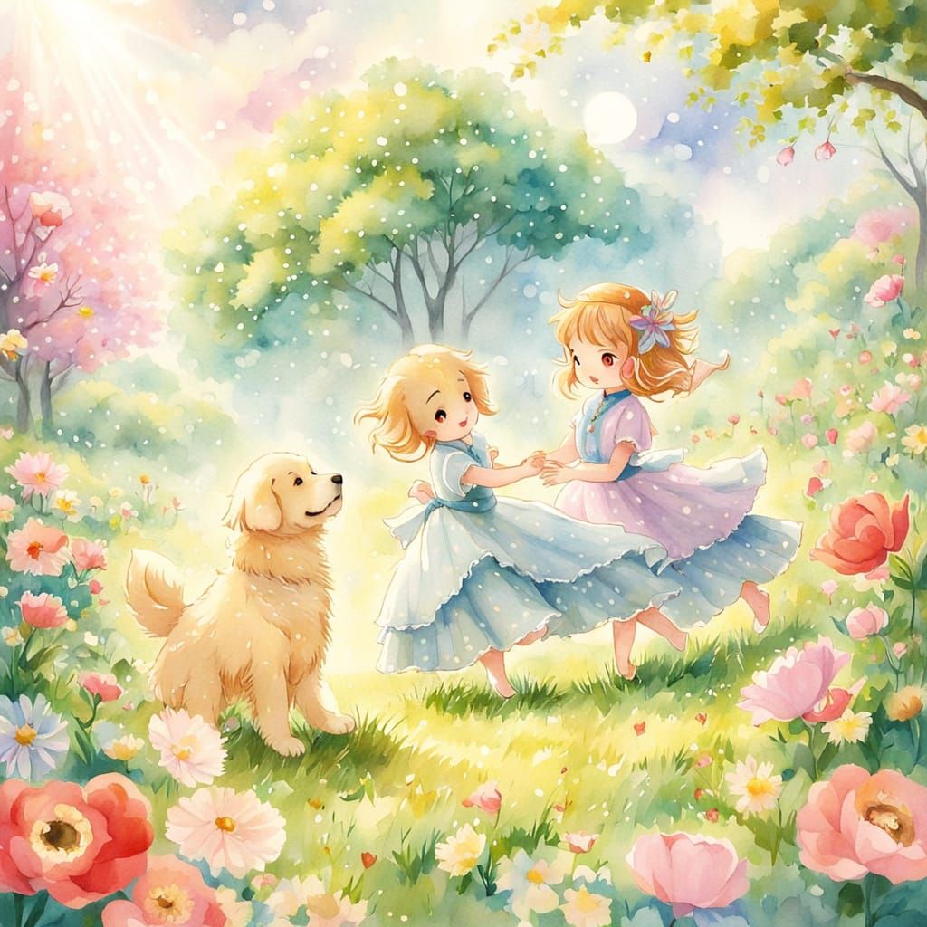 Golden Retriever Couples in Anime-Inspired Idyll