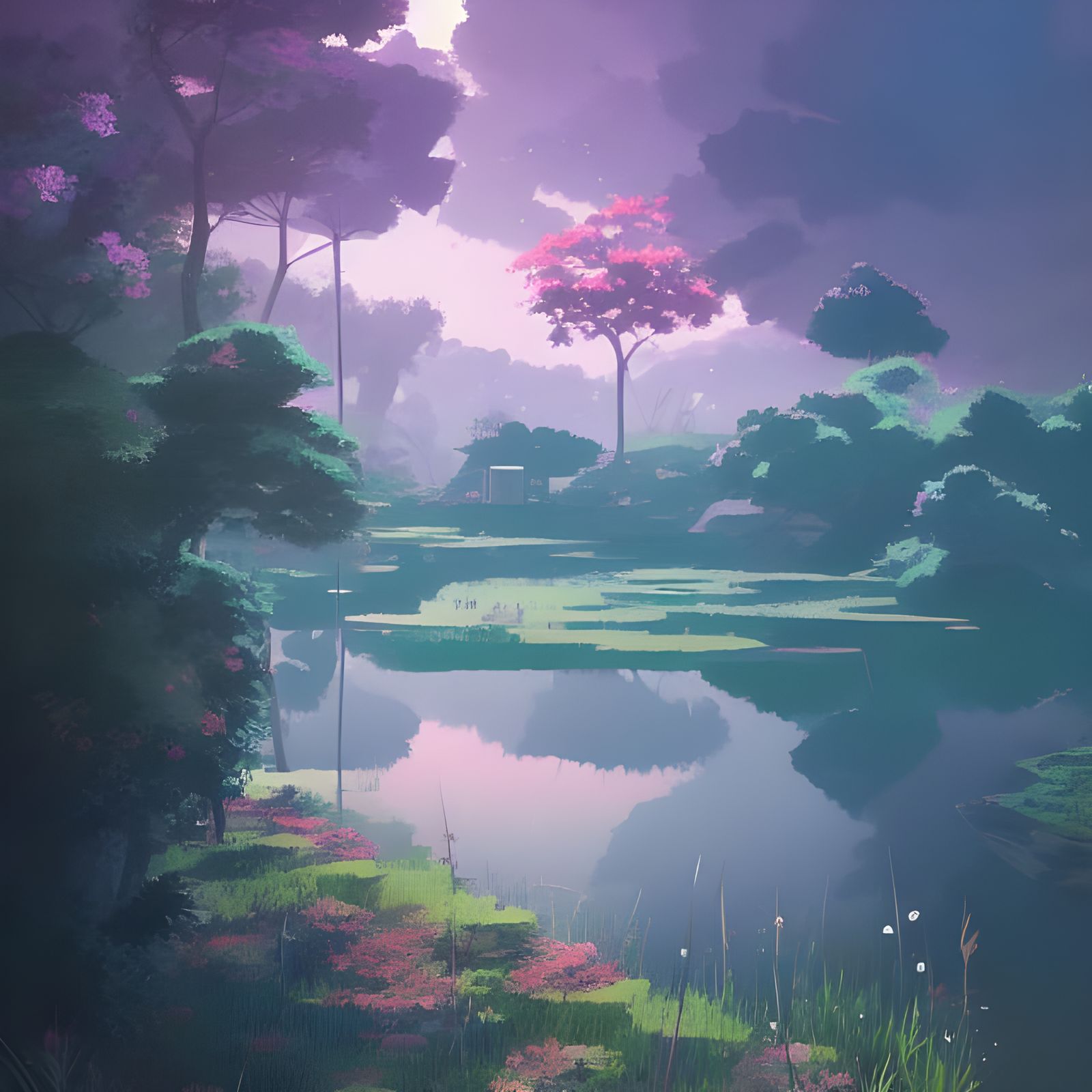 Anime Cliffside Pond Landscape in Ghibli Style