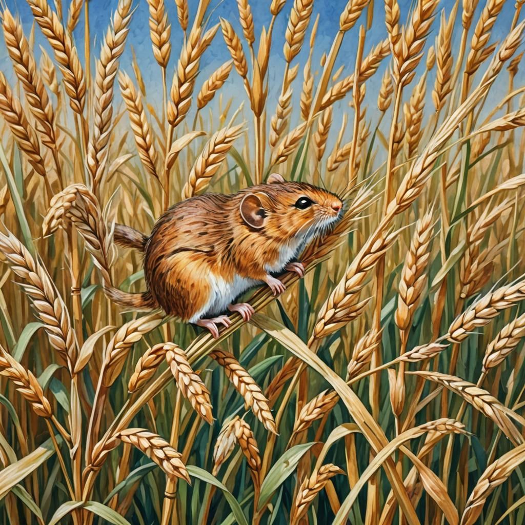 Harvest Mouse in Wheat: Gouache Watercolor Painting
