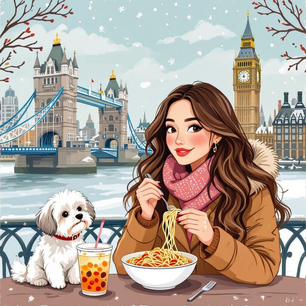 London Afternoon: Woman, Dog, and Winter Landmarks