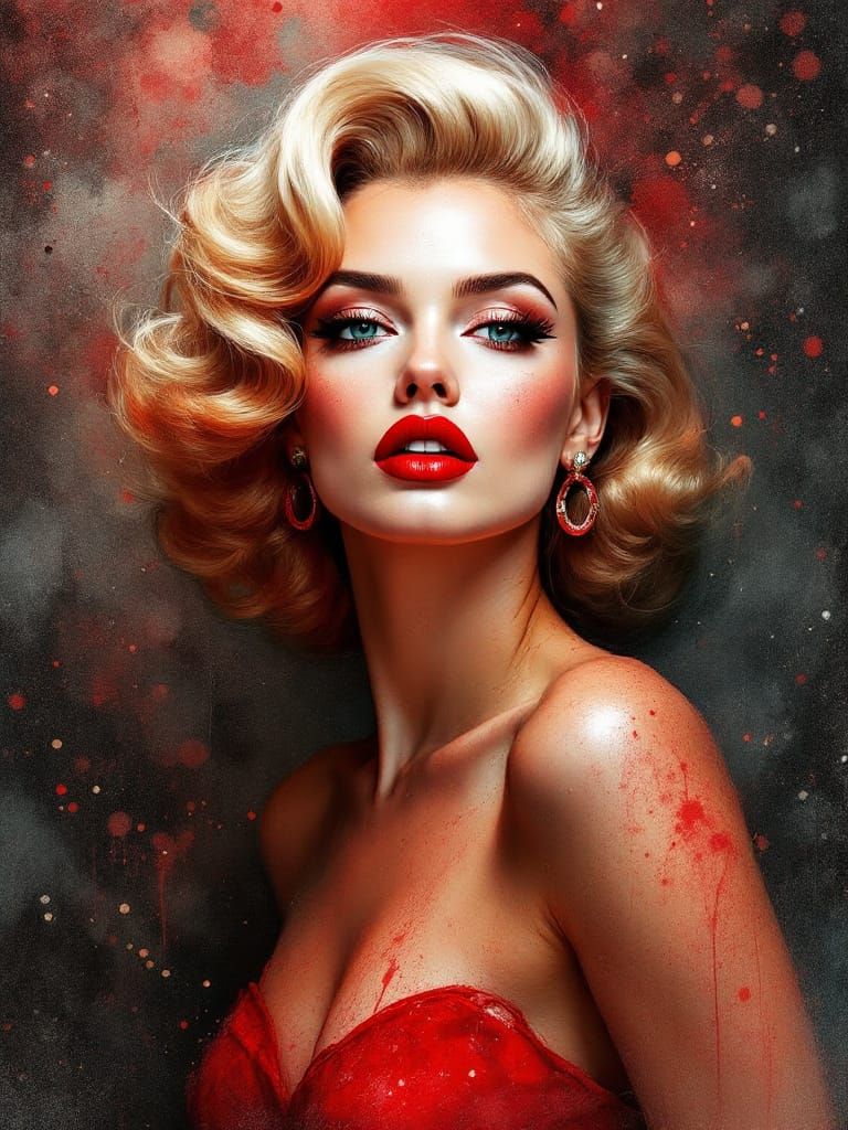 Blonde Pin-Up Woman in Red Dress, Surreal Watercolor Style