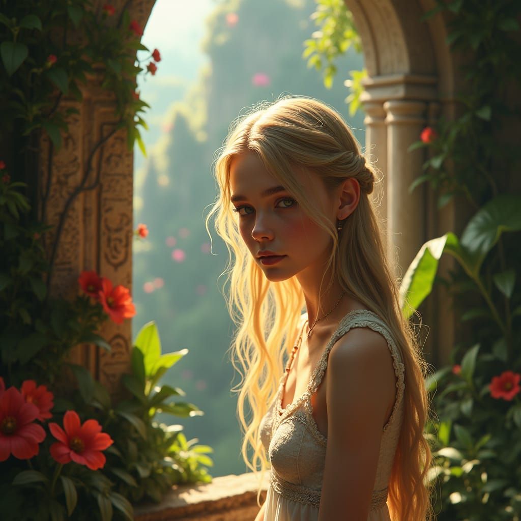 Ethereal Blonde Girl in Fantasy Landscape