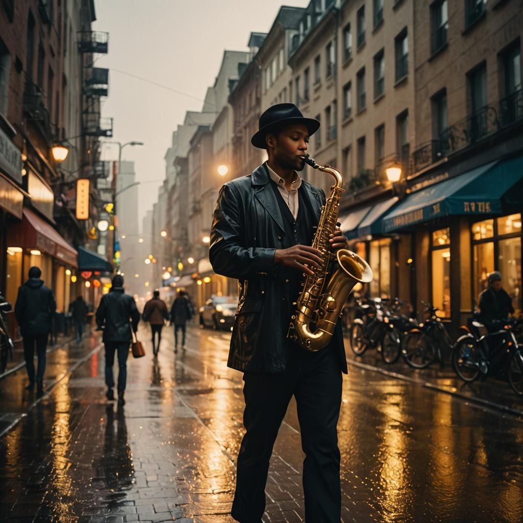 Saxophone Player in Rainy City Street: Cinematic Film Still