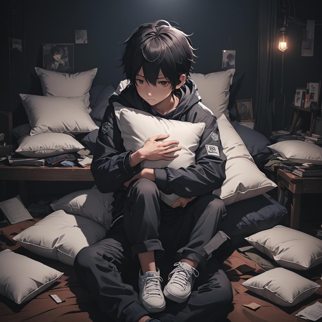 boy hugging pillow in dark room