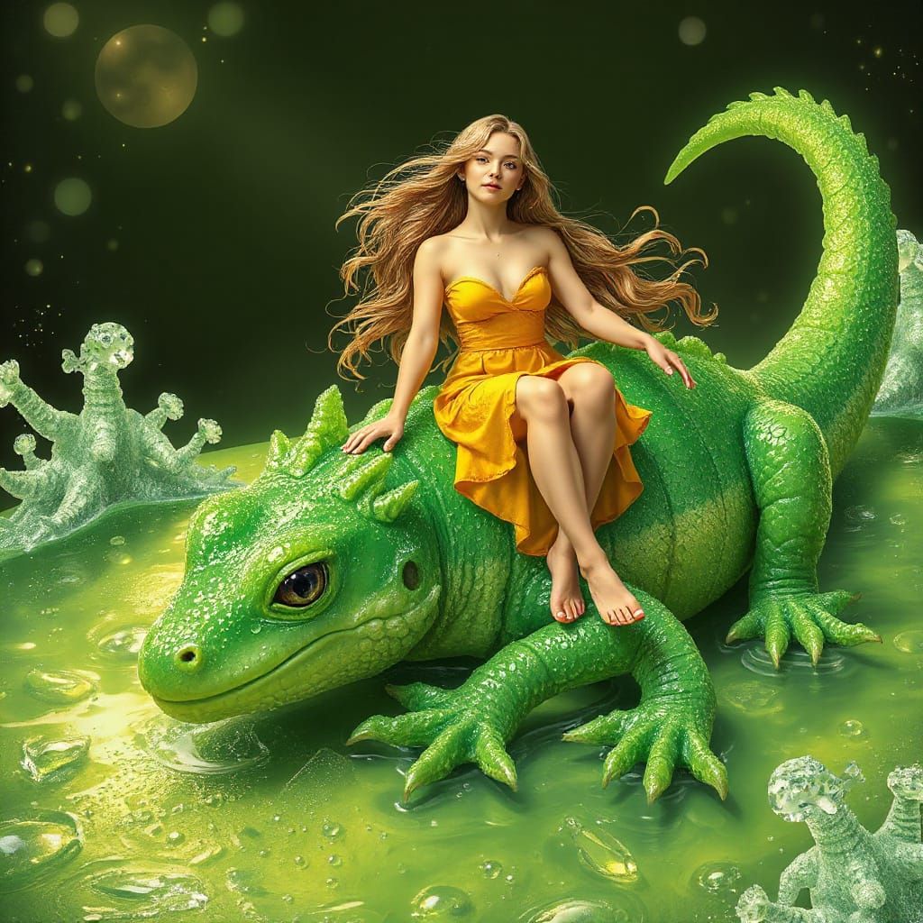 Woman on Gummy Salamander in Surreal Soda Ocean