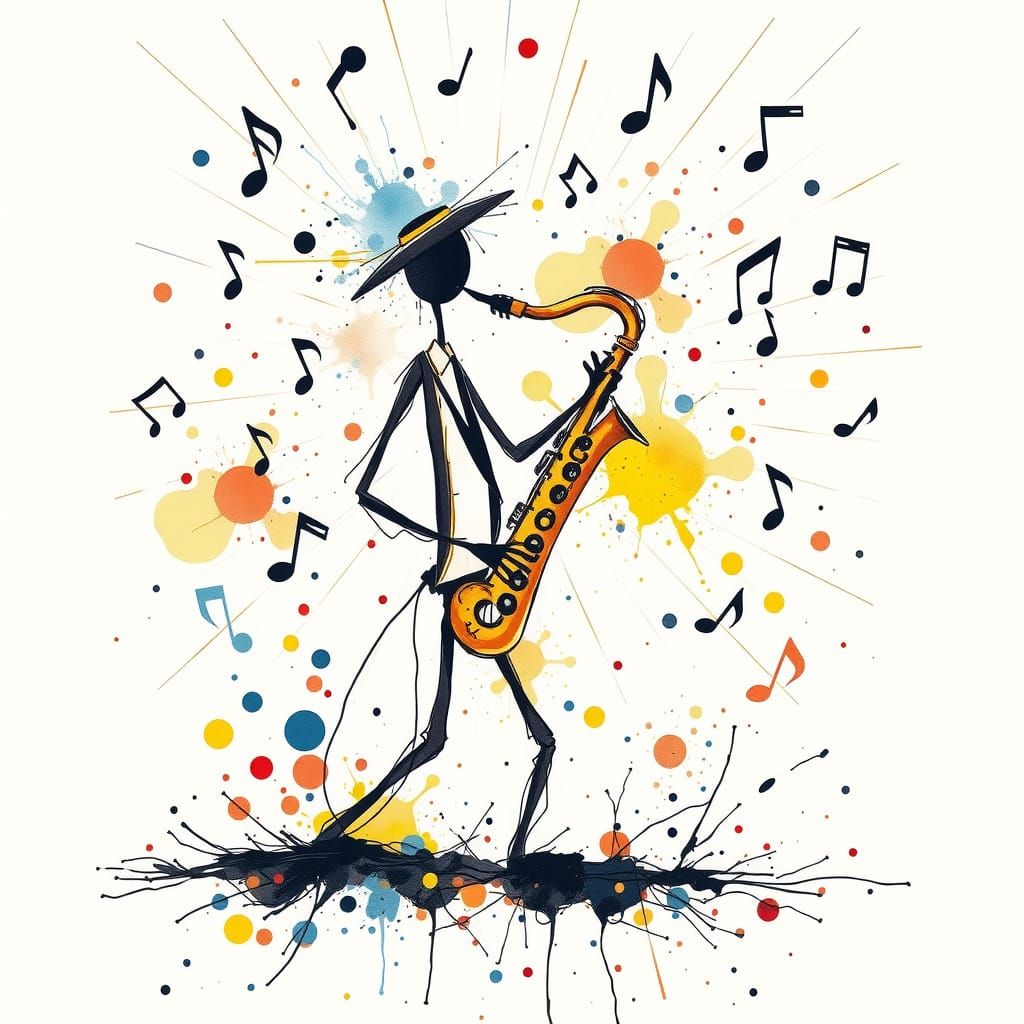 Abstract Musical Fusion Stickman saxophone Music notes watercolor ink burst