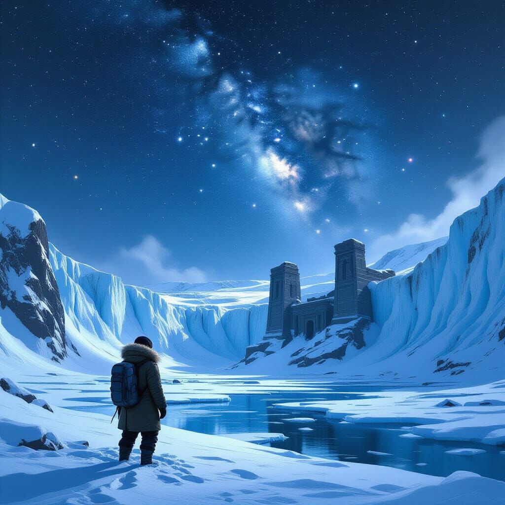 Explorer and Glacier Ruins in Dark Science-Fantasy Style