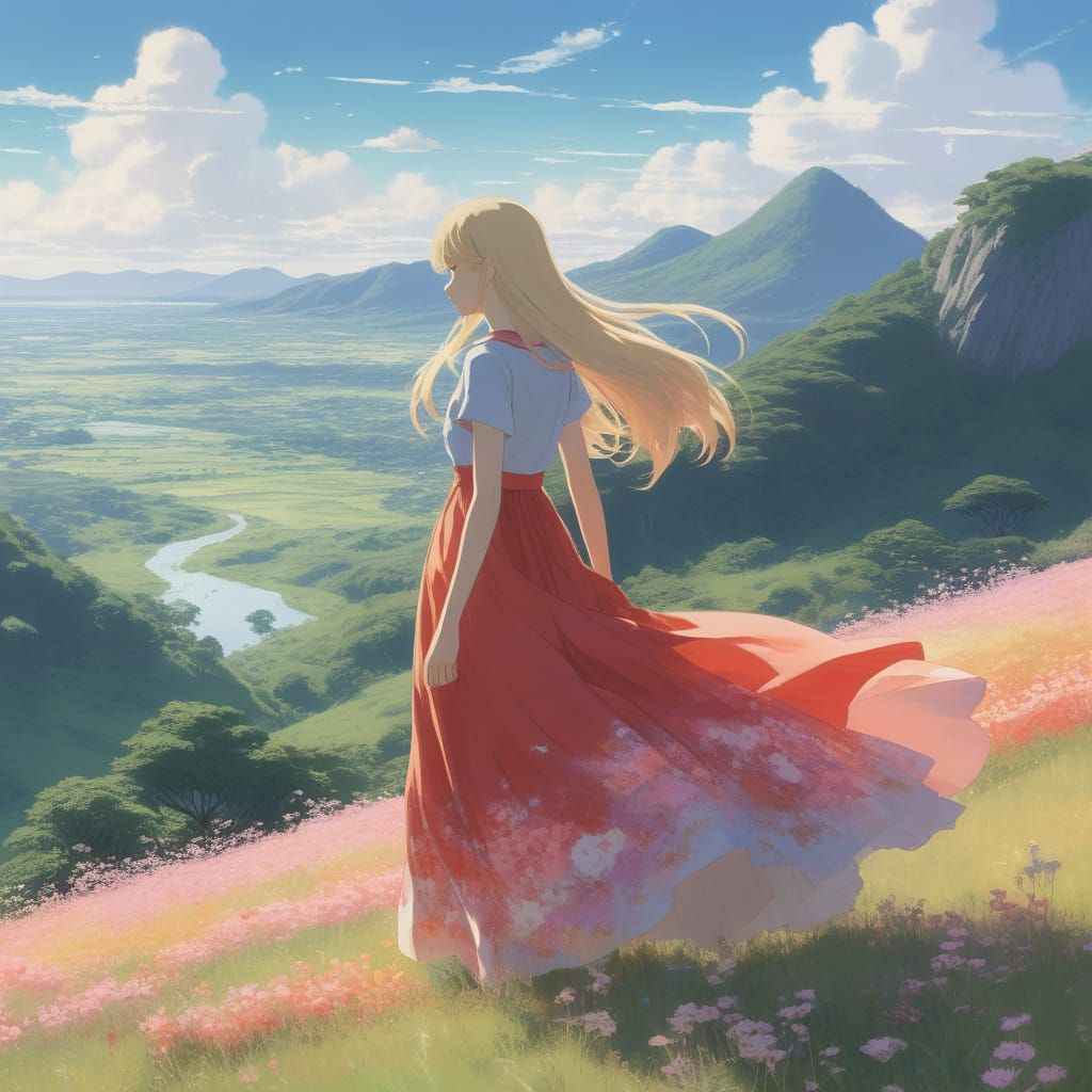 Vibrant Dreamlike Girl Paints Whimsical Landscape in Moe Ani...