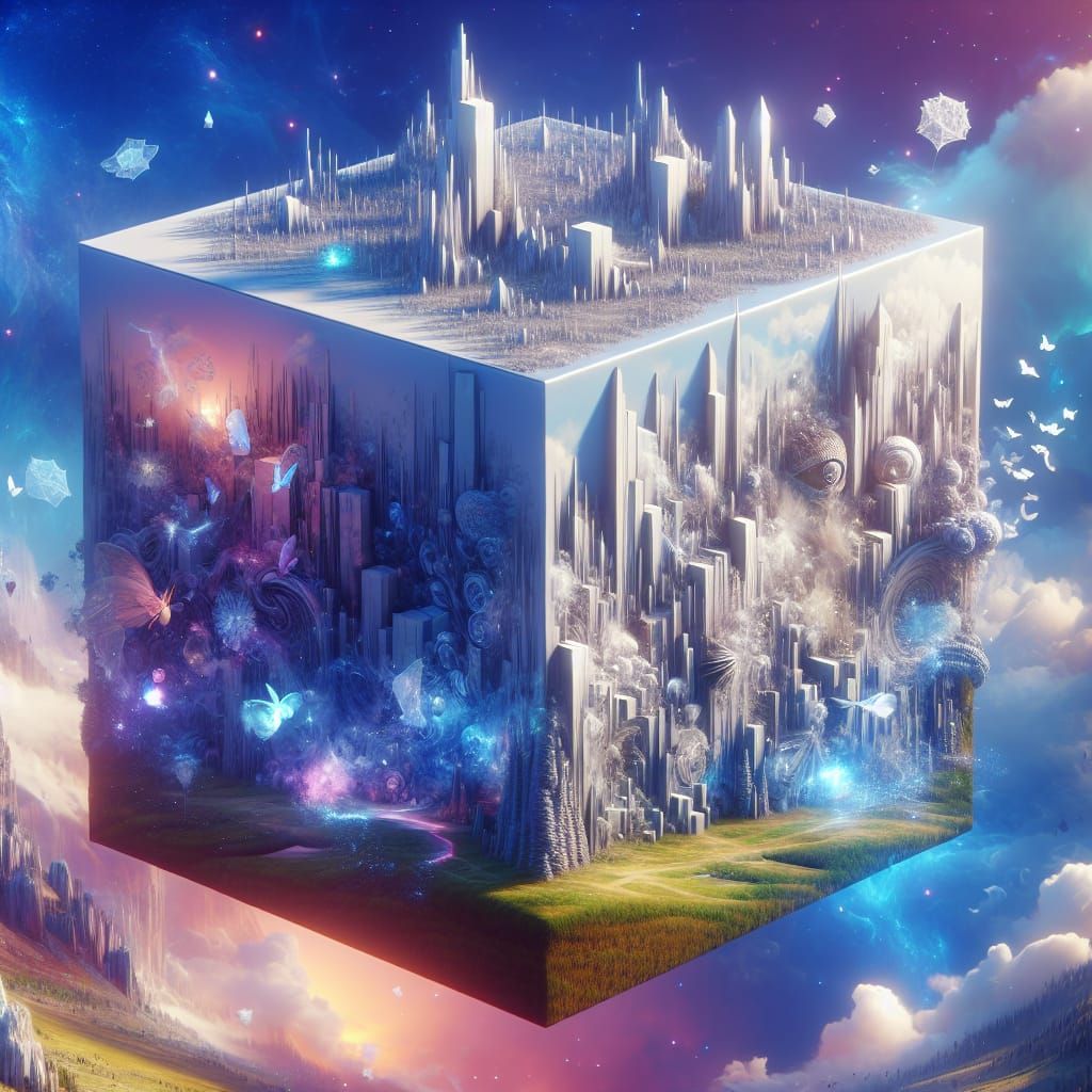 Floating Cube with Landscapes in a Magical Realm